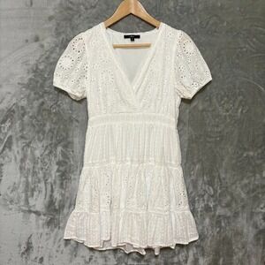 Lulus Women Eyelet Floral Tiered Mini Dress Size Small White Coquette Whimsical